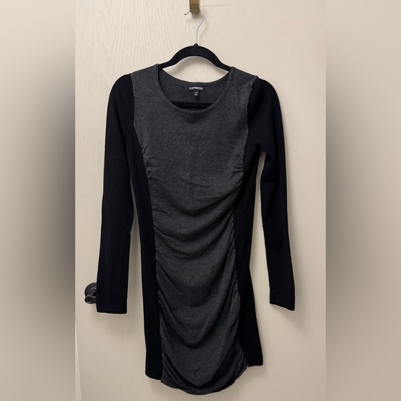 Express Dresses & Skirts - Express Ruched Mini Sweater Dress Black and Gray Long Sleeve Dress Size M